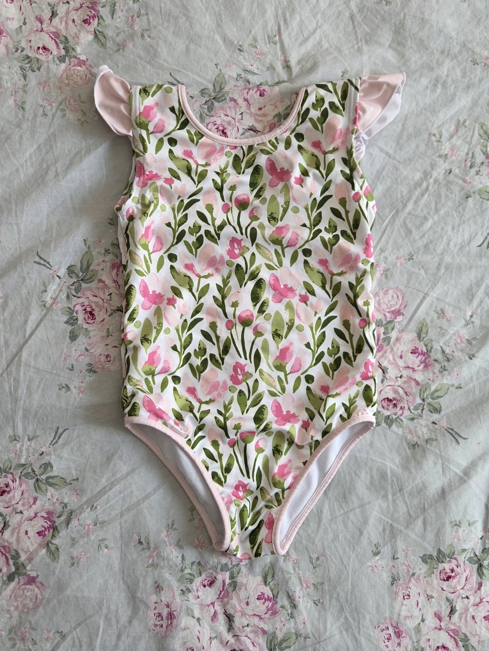 SweetHoney Pink And White Floral Leotard Ruffle Edge Cap Sleeve 4T